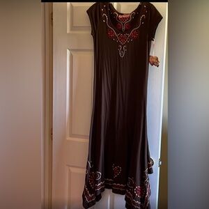 Johnny Was Brown Maxi Dress with Red Embroidery